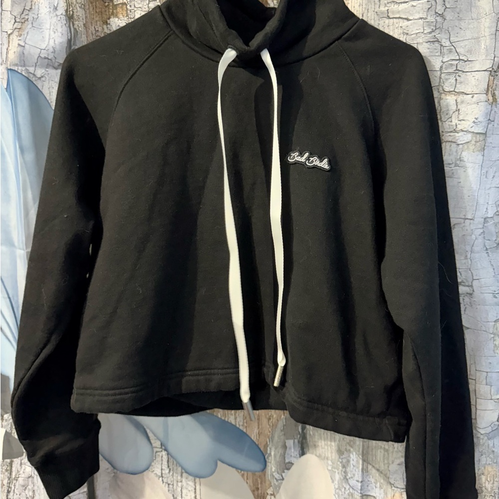 Bad Birdie Black Cropped Hoodie with White Drawstrings